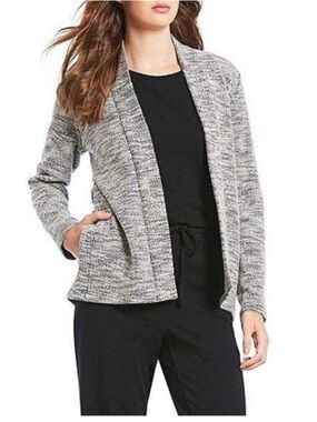 Eileen Fisher Black White Marled Organic Cotton Open Front Cardigan Size XL